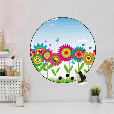 Produktbild von Design Stahlmagnettafel Schwarz Rund 47cm Bunte Blumen