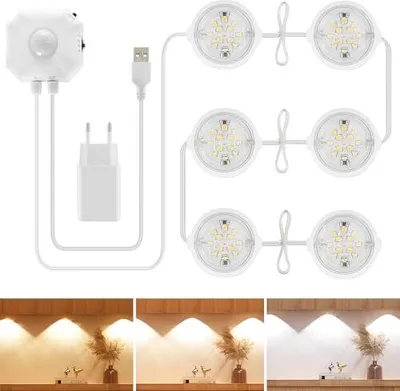 Image de Éclairage du cabinet Capteur de mouvement LED, Pack 6 sous-unité de lumière cuisine 3 couleurs Capteur Auto-adhésif, fonctionnement USB, vestiaire à intensité variable, escalier, marche