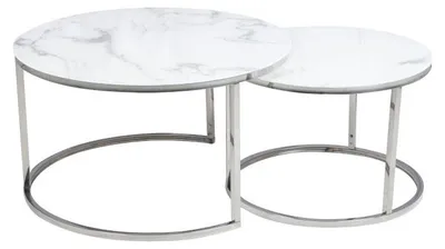 Image de Lot de 2 tables gigognes ATLANTA rondes en métal et verre effet marbre - Blanc - D 80 x H 45 cm.
