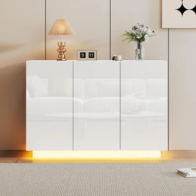 Productafbeelding van Witte, glanzende dressoir met LED-verlichting, dressoir 120x40x75cm van spaanplaat met deuren en legplanken, geschikt voor eetkamer en woonkamer
