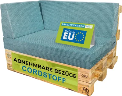 Produktbild von Pillows24 - Palettenkissen 3-teiliges Set aus Cordstoff | Sitzkissen & Rückenkissen für Europaletten 120x80 | für Wohnzimmer, Garten | Türkis