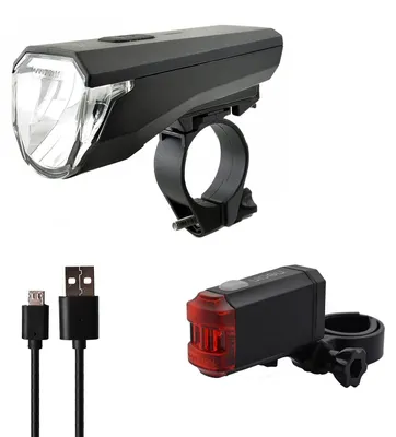 Produktbild von nean LED Akku Fahrradlicht Beleuchtungsset mit StVZO, 50 LUX 8 Candela, Fahrradlampe, Fahrrad Frontlicht, Fahrradleuchte vorne, Scheinwerfer, Fahrrad, Lampe, Rücklicht, Rückleuchte, Rückstrahler, Set