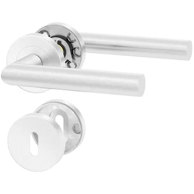 A set of brushed stainless steel door handles and a keyhole escutcheon on a white background.