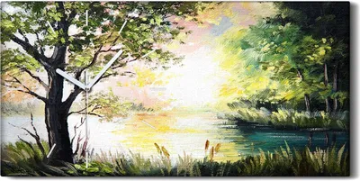 Produktbild von Wanduhr Uhr Wandbild Leinwand 60x30 Bäume Wasser Büsche See Landschafts - weiße Hände