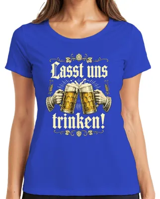 Immagine prodotto di Alziamo i bicchieri! Maglietta da donna blu con scritta "Oktoberfest", "Birra", "Prost" (salute!), "Divertente", "Bere". Taglia S