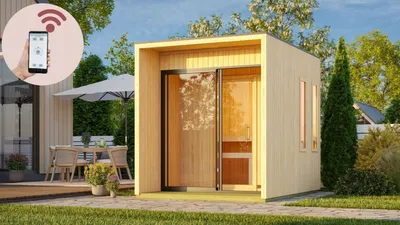 Produktbild von Karibu Saunahaus Außensauna Gartensauna Außensauna CATALINA naturbelassen 220 x 288 cm inkl. 9kw Ofen und HUUM WIFI Steuergerät Sparset 38mm Wandstärke