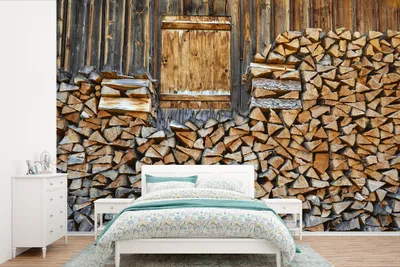Produktbild von MuchoWow® Fototapete für Wohnzimmer oder Schlafzimmer Wandtapete Vinyl Motivtapete Brennholz für eine Holzwand - 330x220 cm - Fototapeten