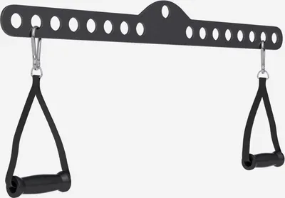 A black latzugstange (pull down bar) with two black handles and carabiners, shown against a white background.