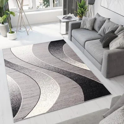 A modern living room with a gray sofa and a geometric rug.
