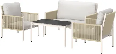 Produktbild von Gartenmöbel Set aus Polyrattan Lounge-Set mit 2er Sofa Sessel Glastisch Kissen 4 Personen Braun+Grau