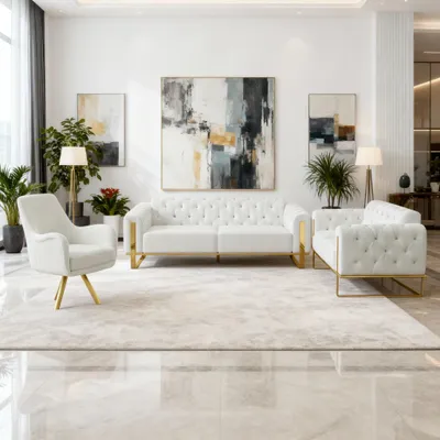 Produktbild von Sofa Set Liva 3+2+1 in Velvet-Stoff, 3-Sitzer mit Schlaffunktion I Weiß-Gold