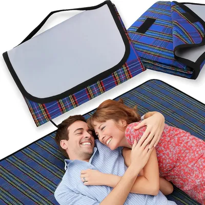 Produktbild von Picknickdecke wasserdicht 150x200 cm Stranddecke Campingdecke Reise Decke groß leicht faltbar Tragegriff blau kariert