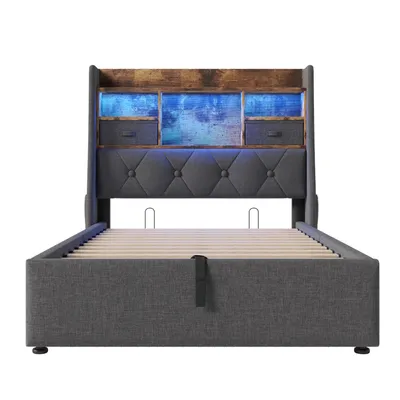 Produktbild von Flieks Hydraulisches Polsterbett 90x200cm mit USb & Type-c, Boxspringbett Einzelbett mit Led, Jugendbett Stauraumbett mit Schubladen, Leinen, Grau