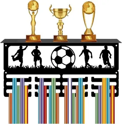 Produktbild von Medaillehalter für Fußballtrophäen - Sportplaque mit Bändern und Organisator - 3 Reihen Stahlwandmontage, geeignet für 60+ Medaillen