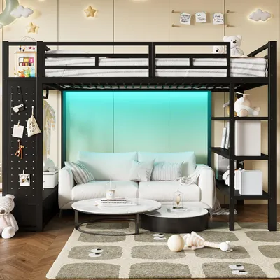Produktbild von Jugendbett 140×200 mit offenem Schrank und Schubladen, Einzelbett mit LED und Lochwand,Hochbett in Schwarz,ohne Matratze