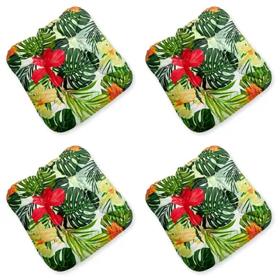 Produktbild von 4L Textil Stuhlkissen 4er Set mit Bändern, Sitzkissen für Gartenstuhl und Küchenstuhl aus Samt-Imitat, indoor und outdoor, 40x40 cm, Blumen Grün