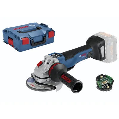 A Bosch cordless angle grinder set with a storage case and accessories, displayed on a white background.