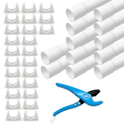 Produktbild von ARLI Installationsrohr M25 12 m gemufft PVC weiß mit 25 Klemmschellen und Rohrschneider Kabelrohr starr 25 mm Set