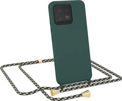 A dark green phone case with a braided lanyard attached, shown against a white background.