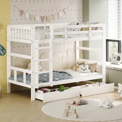 Lettino Per Bambini 90x200 Cm In Legno Di Pino Con Due Cassetti E Ripiano - Design Scandinavo - Bianco Naturale