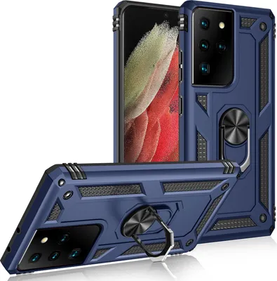 Produktbild von LaimTop Schutzhülle für Galaxy S21 Ultra 5G, Dual Layer Robust Militäre Fallschutz Hülle mit Ringhalterung Ständer Blau