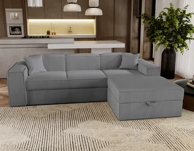 Zdjęcie produktu dla BESILIO Narożnik z funkcją spania Santorini - Sofa narożna 250 cm z pojemnikiem, narożnik L, sofa rozkładana - Prawy - Ciemnoszary & Poso 60