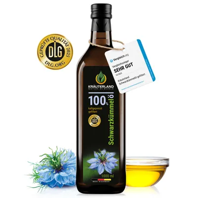 Produktbild von Kräuterland Premium Schwarzkümmelöl, 1 Liter gefiltert, kaltgepresst, Europas größte Ölmühle im Online-Handel, 22 Jahre Erfahrung, mühlenfrisch, vegan