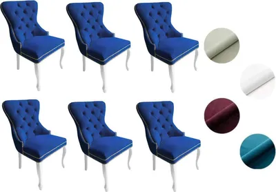Produktbild von Chesterfield Stuhl MADAME 2 (6 Stück) – eleganter Polsterstuhl im Glamour-Stil, Samt Dunkelblau, Holzbeine in Weiß, Komfortsitz