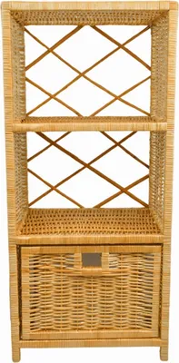 A wicker chest of drawers with a drawer.