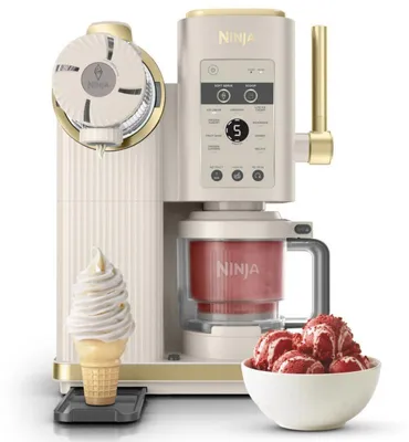Image de Machine à glace 13-en-1 Ninja CREAMi Scoop & Swirl™ NC701EUSTGD, 800 W, 13 programmes, levier à 3 positions pour les cornets, CreamiFit, Creamify, 2 bols de 473 ml, personnalisation, couleur crème/doré