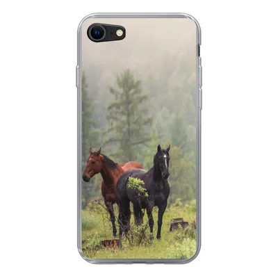 Produktbild von MuchoWow® Handyhülle Schutzhülle Hülle für iPhone 7 Pferde - Wald - Nebel Silikon Softcase Handy Hülle - Kartenhalter