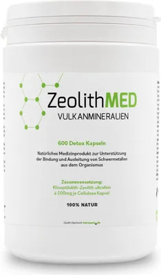 A white plastic container of ZeolithMED Detox Kapseln.
