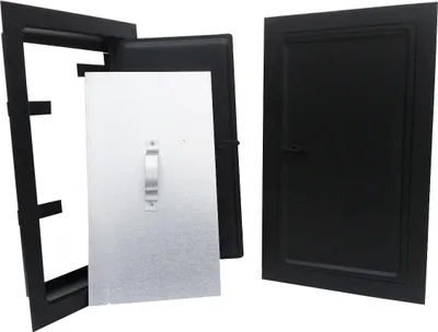A black fireplace door and its frame are shown, with a silver insert. The items are displayed separately.