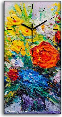 Produktbild von Wandkunst Leinwand Bild Uhr Geräuschlos Kunstdruck 30x60 Ölgemälde Blumen blumig - schwarze Hände
