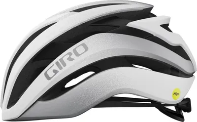 A white and black Giro bicycle helmet with silver accents.