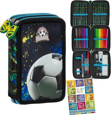 Produktbild von Goldkids - Federmäppchen 3 Fächer - Mäppchen für Mädchen und Jungen - Federmappe 3-Fach Federtasche Gefüllte Schüleretui Schulmäppchen - Fußball Motiv