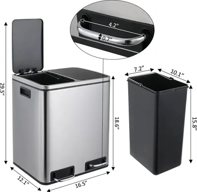 Immagine prodotto di Cestino per rifiuti da cucina - Cestino a pedale a doppia camera - 2x15 L (30 L) - Acciaio inox - Funzione soft-close e hold-open - Inserti rimovibili - Argento