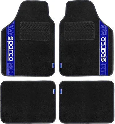 Image de Kit Sparco de 4 tapis universels noirs et bleus, 2 à l'avant avec logo et 2 à l'arrière pour voitures avec moquette