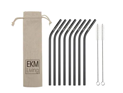 Image de EKM Living Edelstahl Strohhalme 8er Set schwarz gebogen GmbH, Trinkhalme, bruchfest, wiederverwendbar, spülmaschinengeeignet, plastikfrei (schwarz gebogen, 8)