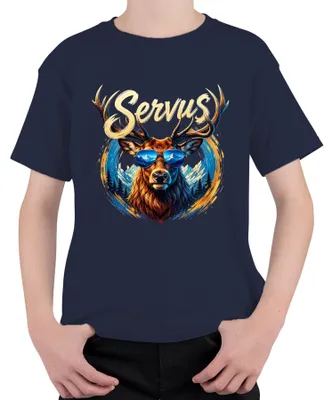 Imagen del producto de Servus Hirsch: Gafas de sol, montañas, Alpes, Baviera, pantalones de cuero (lederhose), vestido tradicional (dirndl), camiseta para niños, color azul marino, talla 116