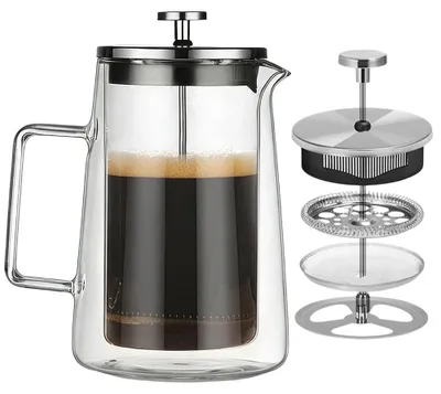 French Press 1 L, doppelwandiges Glas, Edelstahlfilter, spülmaschinengeeignet