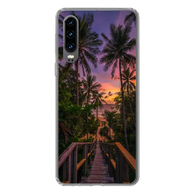 Produktbild von MuchoWow® Handyhülle Schutzhülle Hülle für Huawei P30 Sonnenuntergang - Palmen - Strand Silikon Softcase Handy Hülle - Kartenbesitzer