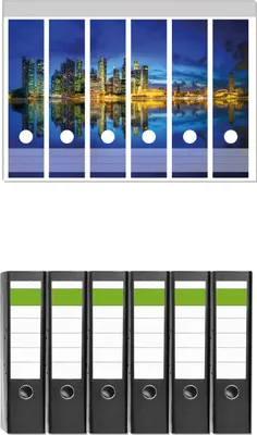 Produktbild von Wallario 6 Stück breite Ordner inkl. Klebeetiketten mit Motive Skyline von Singapur in der Abenddämmerung -  Set mit Rückenschildern / Ordnerrücken Stickern