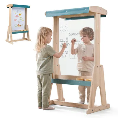 Produktbild von KOMFOTTEU Staffelei Kinder, Kinderstaffelei aus Holz mit Sonnendach | Kunststaffelei mit doppelseitiger transparenter Malplatte, Papierrolle & Farbbecher, Maltafel outdoor für Kinder ab 3 Jahre
