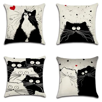 Produktbild von 4er Set Dekorativ Kissenbezug Katze Muster 45 x 45cm Sofa Büro Dekor Kissenhülle aus Baumwoll und Leinen (Katze-Familie)