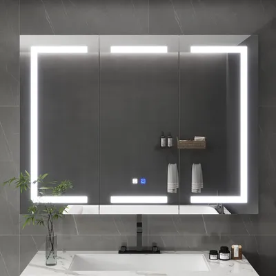 Produktbild von 3 Türiger Smart Spiegelschrank mit LED-Beleuchtung, Einstellbarer Farbtemperatur und Antibeschlagfunktion, LED Smart Spiegel, Weiß, 120 × 90 × 13 cm