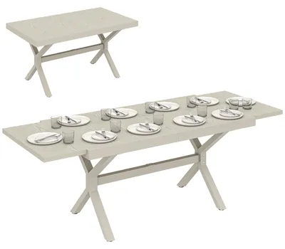 Image de Table de jardin extensible en aluminium/acier, 154/214 x 85 cm, pour 8 à 10 personnes, gris, rallonge dissimulée, aspect bois réaliste, pieds réglables