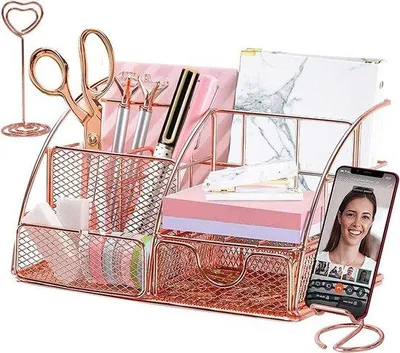 Produktbild von Famanu Büro Organizer mit Telefonhalter und Stifthalter - Roségoldene Aufbewahrungslösung für Schule, Zuhause und Büro