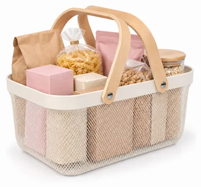 Produktbild von Relaxdays Drahtkorb mit Henkel, eckig, Aufbewahrungskorb Metall & Holz, Utensilienkorb Küche, Bad, Wohnzimmer, creme, KI-generiertes Bild