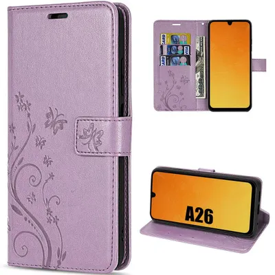 Image de Coque pour Samsung Galaxy A26 5G, Protection Antichoc Anti-Rayures Cuir Synthétique Violet Motif Relief Papillon